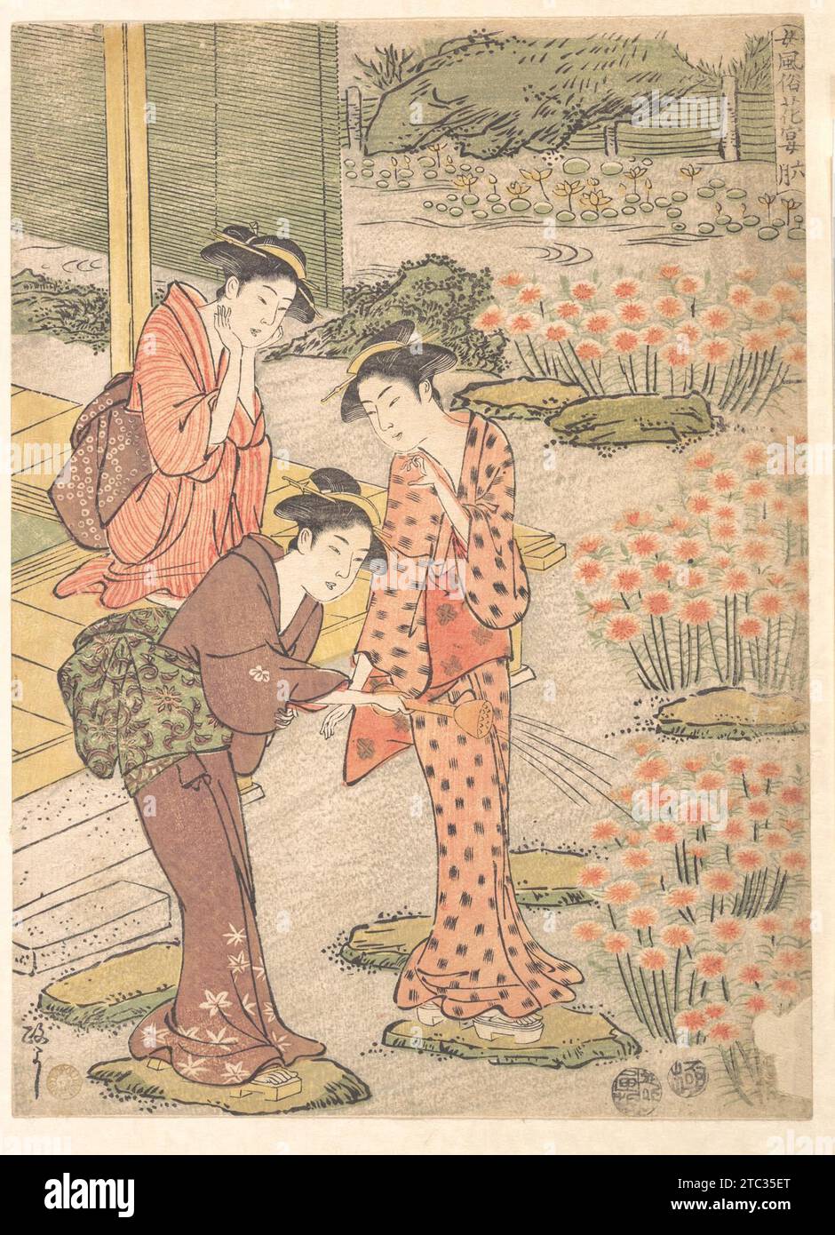 Three Young Women in a Garden where Nadeshiko Pinks are Growing 1914 by Kuwagata Keisai Stock Photo