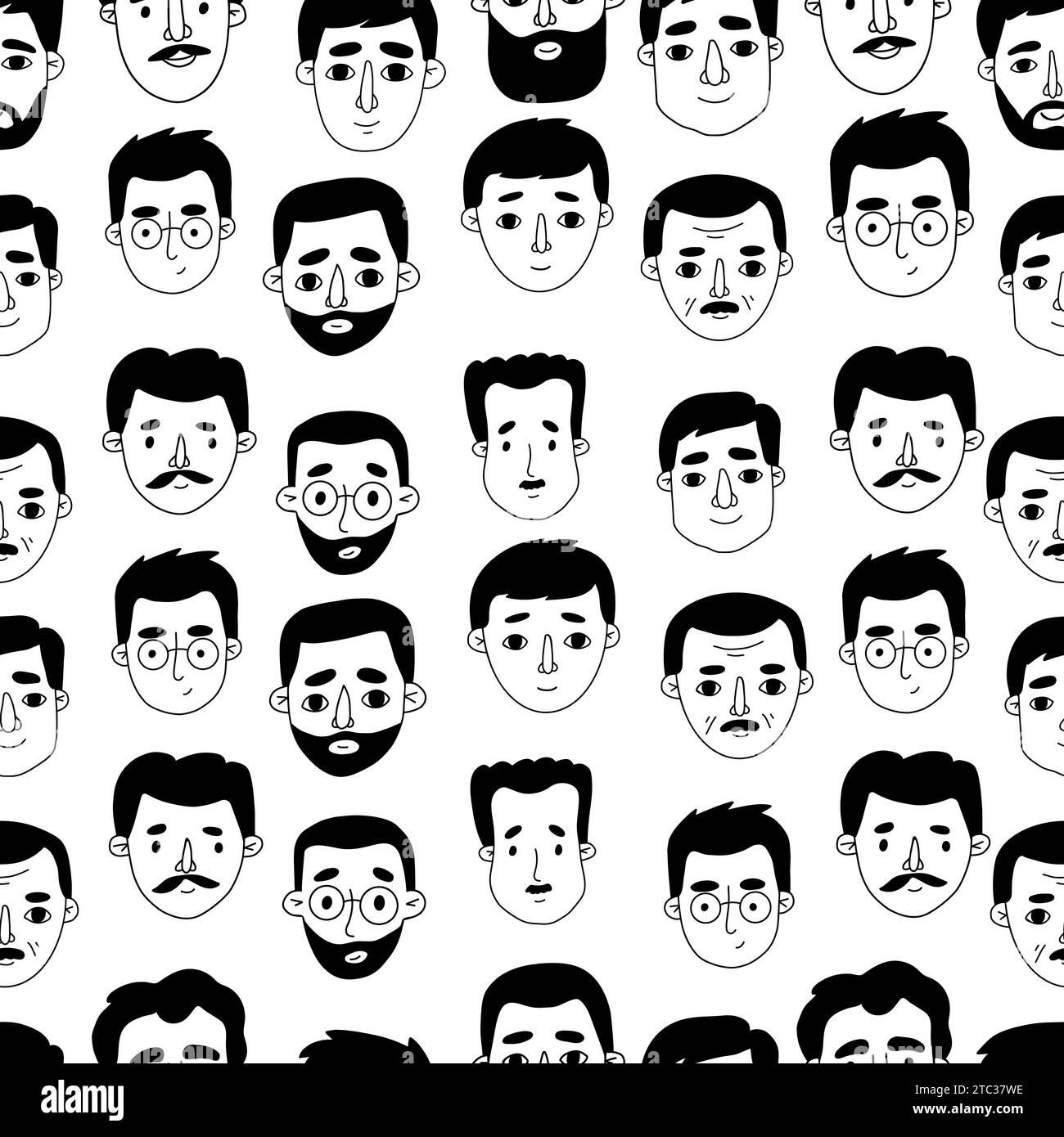 Seamless pattern of doodle men portraits on white background. Vector ...