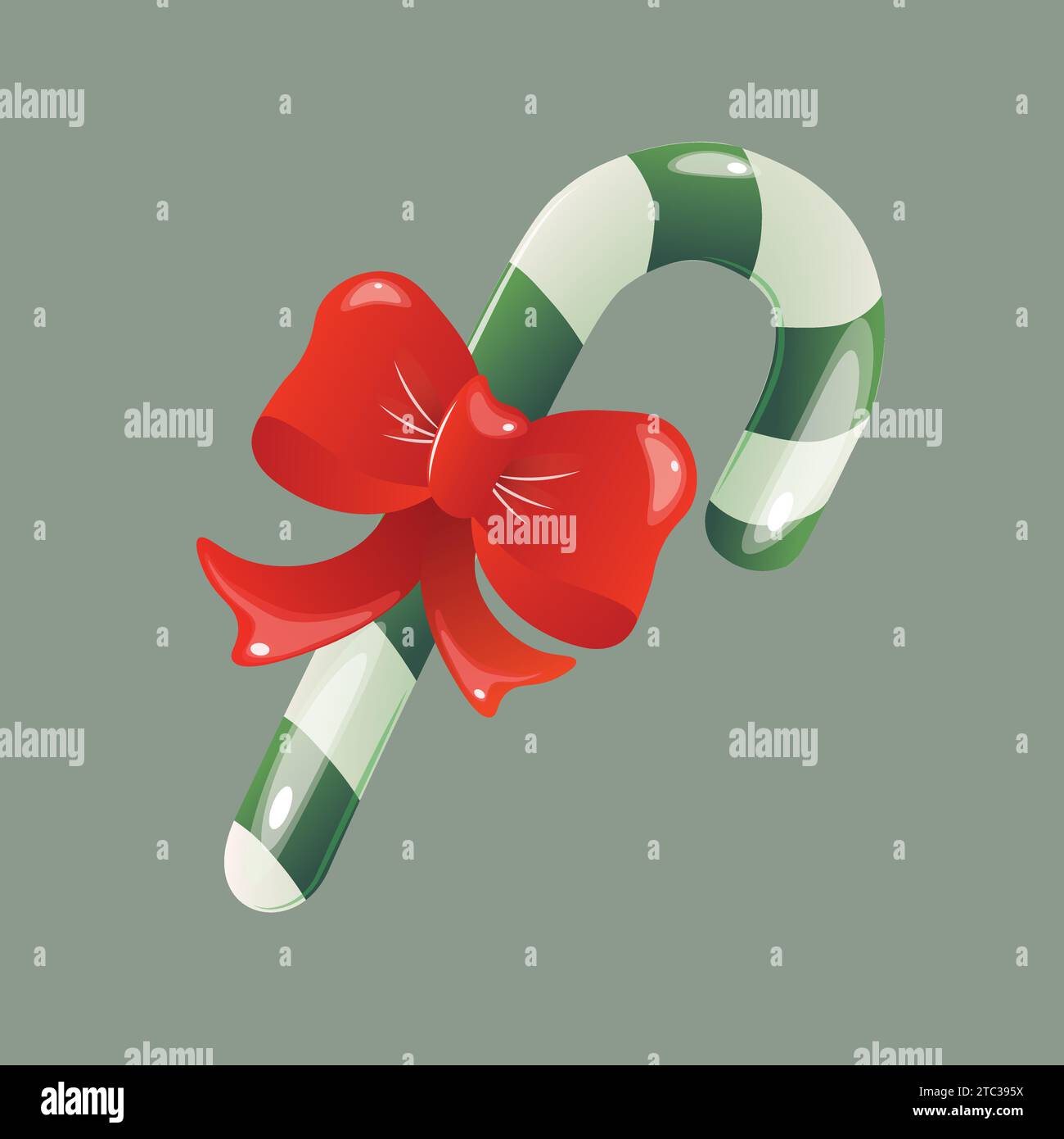 Christmas green lollipop with green stripes and big puffy red bow with shadows and highlights. Vector Stock Vector