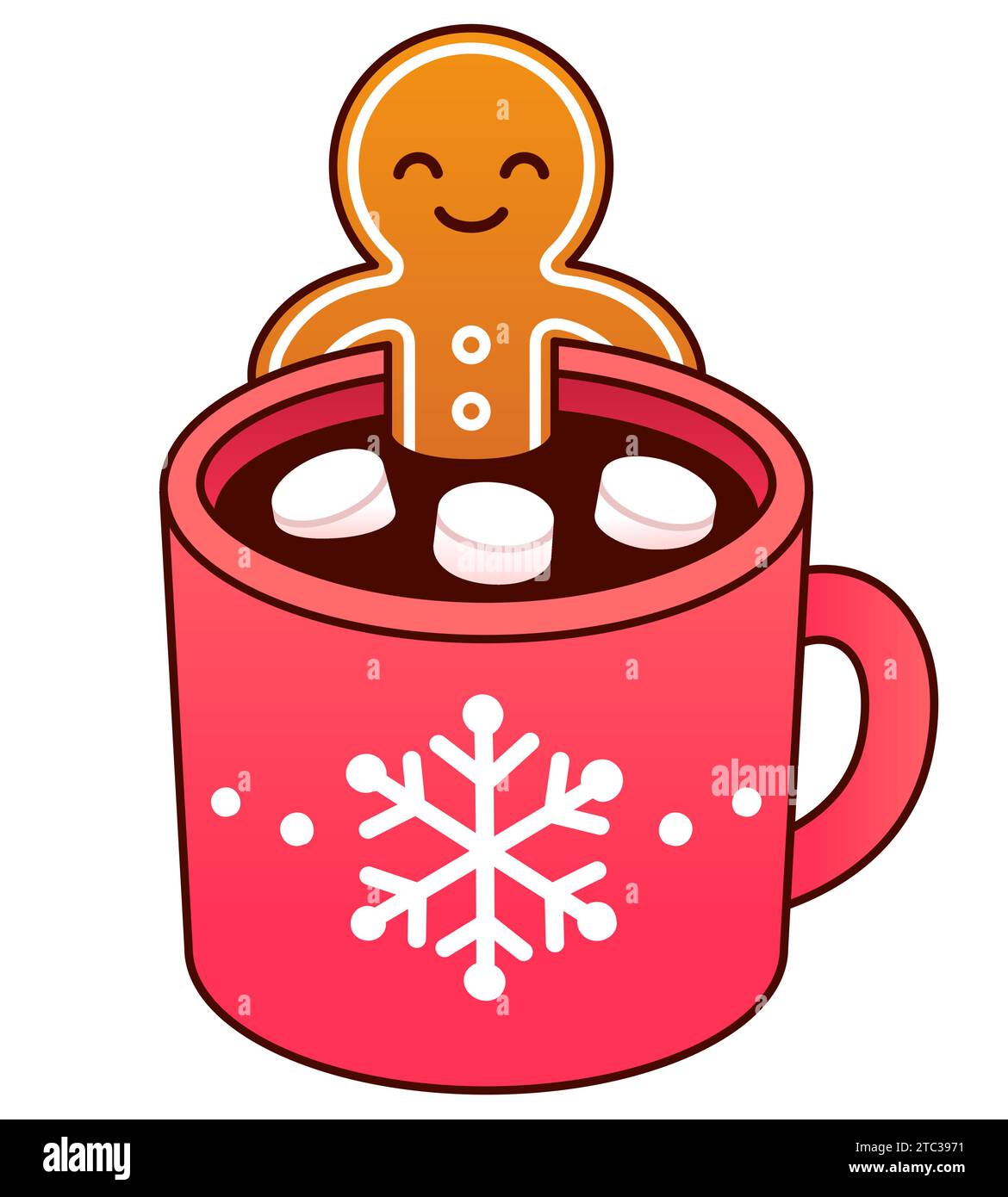 Gingerbread man cookie relaxing in hot chocolate cup with marshmallows. Modern cute cartoon vector illustration. Merry Christmas greeting card. Stock Vector