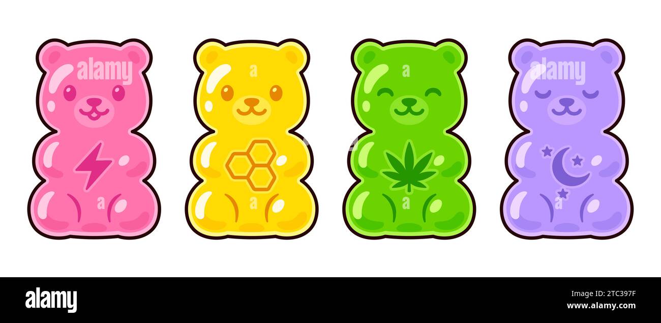 Cute cartoon supplement gummy bear drawing set. Energy, multivitamin, CBD edible, melatonin. Vector clip art Illustration. Stock Vector
