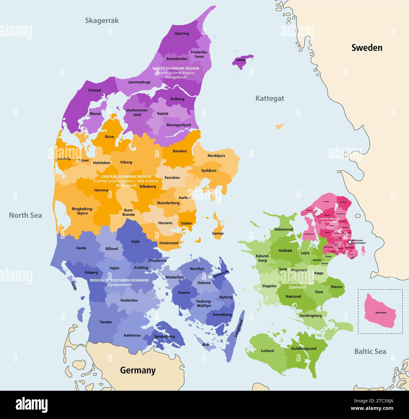 Denmark municipalities vector map colored by regions, surrounded by neighbouring countries and territories Stock Vector