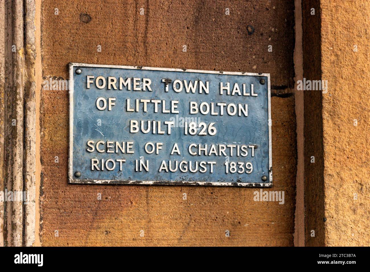 Little Bolton Town Hall plaque. All Saints Street, Bolton. Stock Photo