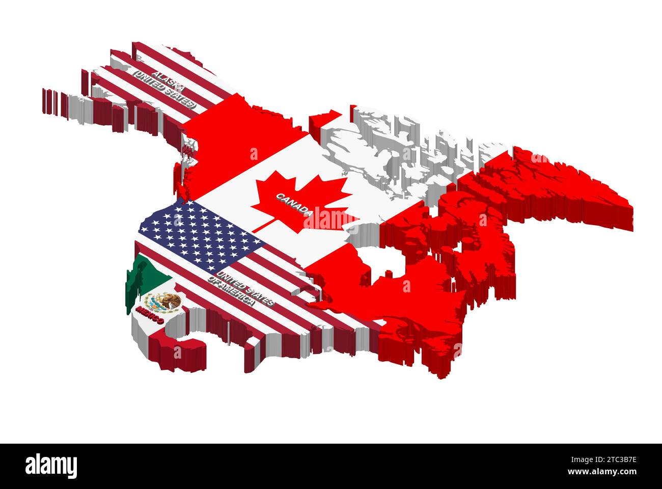 United States, Canada and Mexico vector isometric map combined with national flags Stock Vector