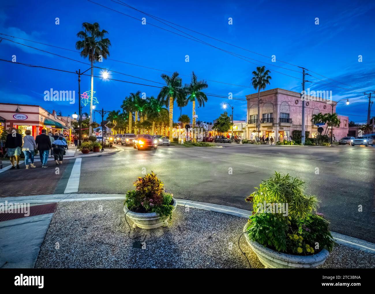 Chistmas lights on West Venice Avenue in downtown Venice Florida USA