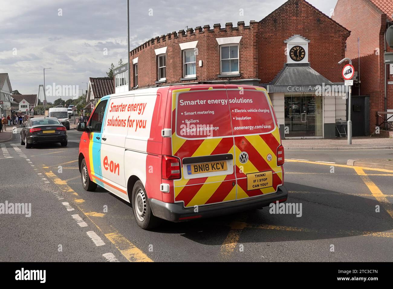 E on plc Mercedes van operated by residential and business electricity and gas supply energy company driving across box junction in Wroxham Norfolk UK Stock Photo