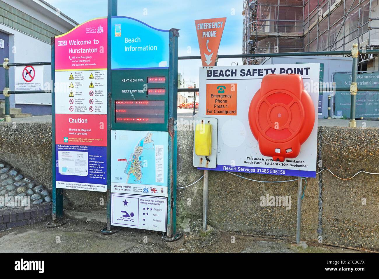 Beach safety point seaside data displayed together for visitors & locals in one central promenade location Hunstanton Norfolk East Anglia England UK Stock Photo