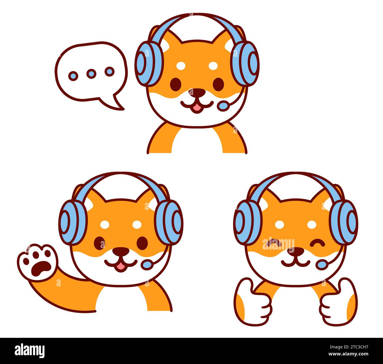 Cute cartoon dog character in headset vector illustration set. Customer support help desk or live stream chat. Stock Vector