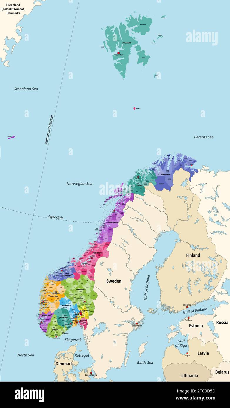 Norway municipalities high detailed vector map colored by administrative regions (counties), with neighbouring countries and territories. All municipa Stock Vector