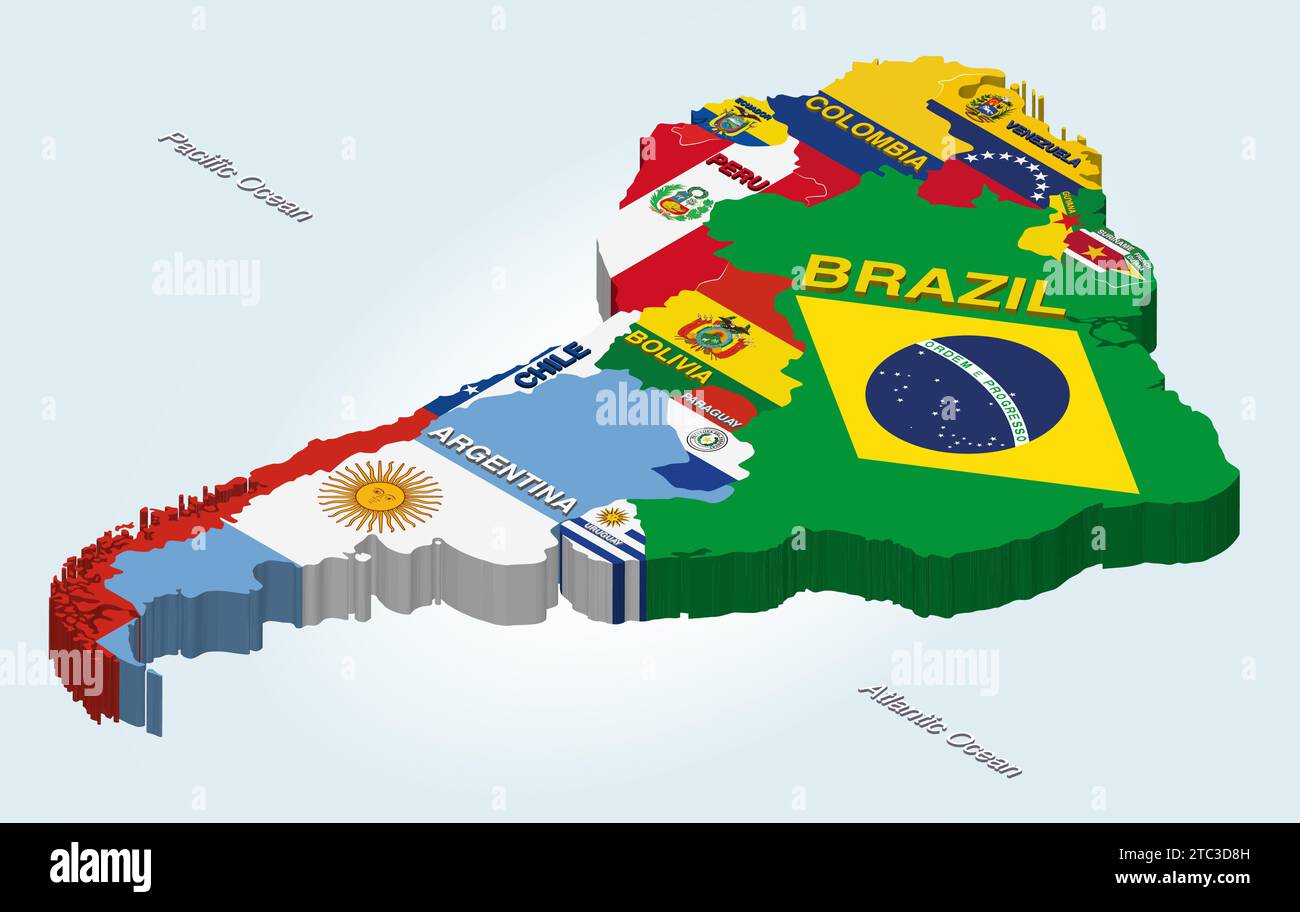 South America vector isometric map combined with national flags Stock Vector