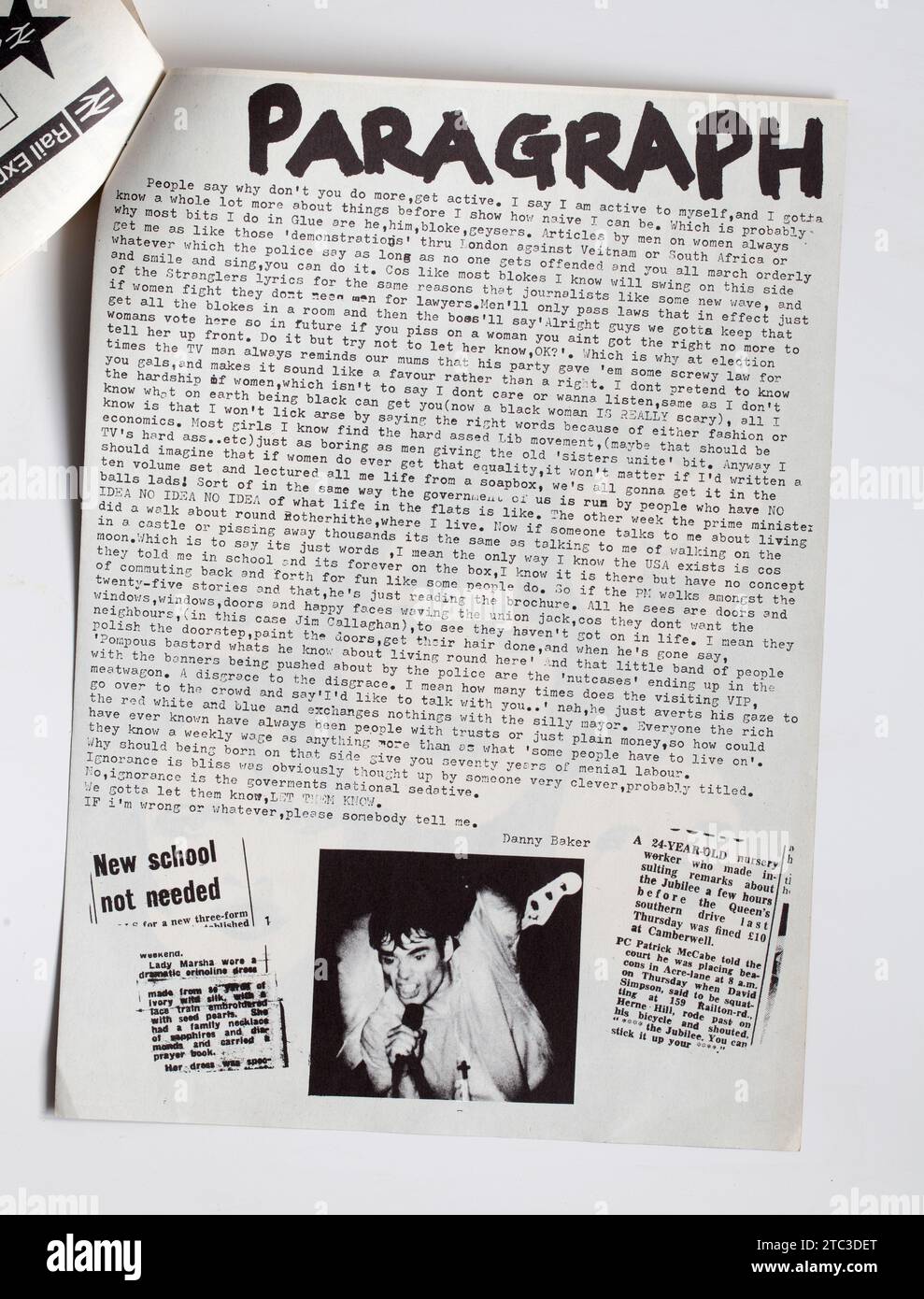 Political Editorial by Danny Baker in issue No 11 of 1970s Sniffin Glue Punk Rock Fanzine Magazine Stock Photo