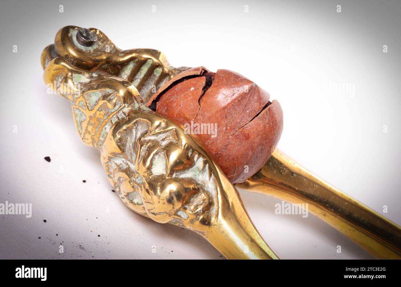Large nut with vintage nutcracker, isolated on white Stock Photo