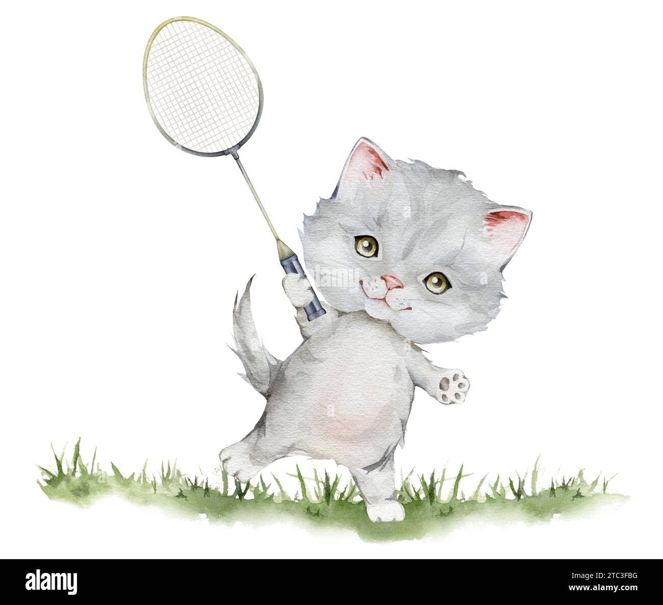 Little fluffy gray kitten badminton player holding racket on grass ...