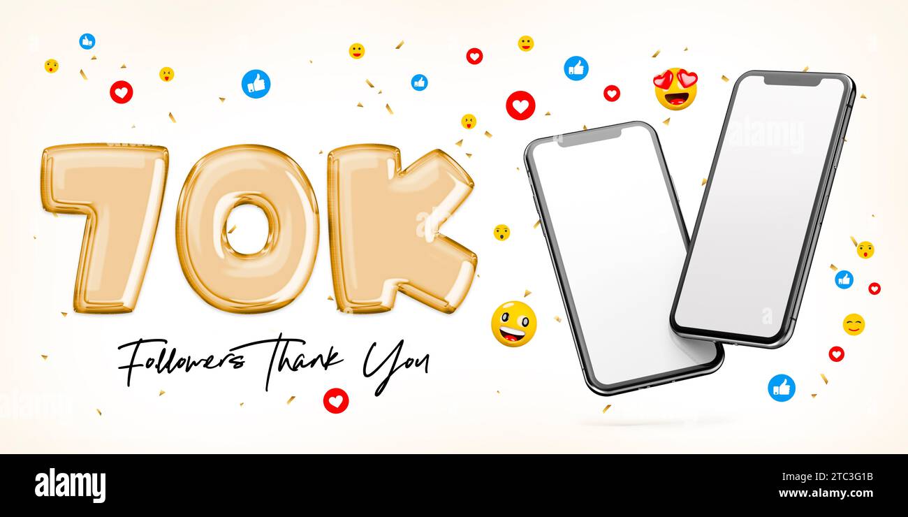 70K followers celebration. With two blank white screen smartphones ...