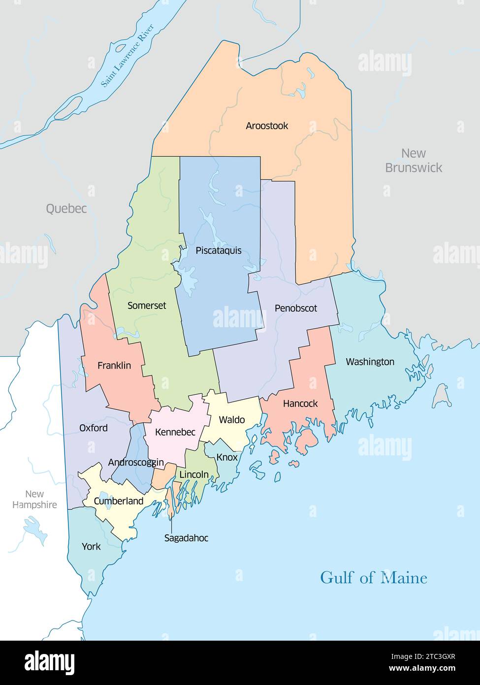 Multi-colored map displaying the many counties that make up the state of Maine in the United States. Stock Photo