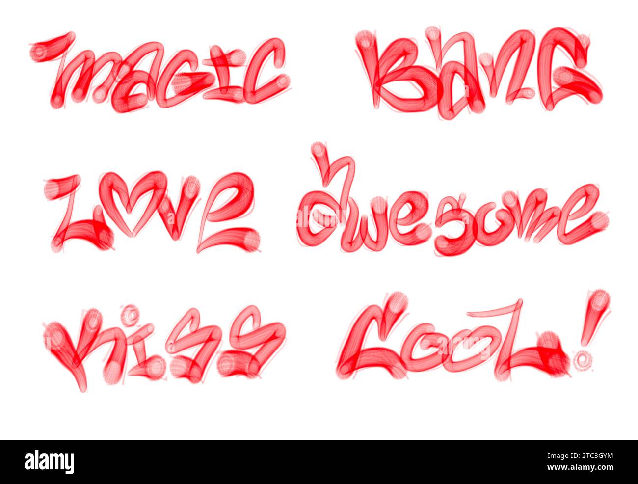 Collection of graffiti street art tags with words and symbols in red