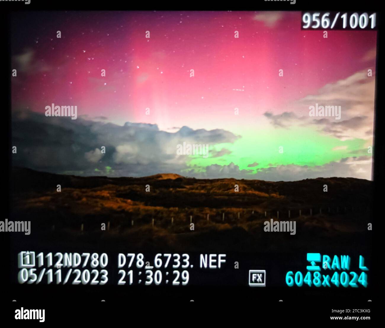 Screen of a DSLR camera on which an aurora or northern lights have been