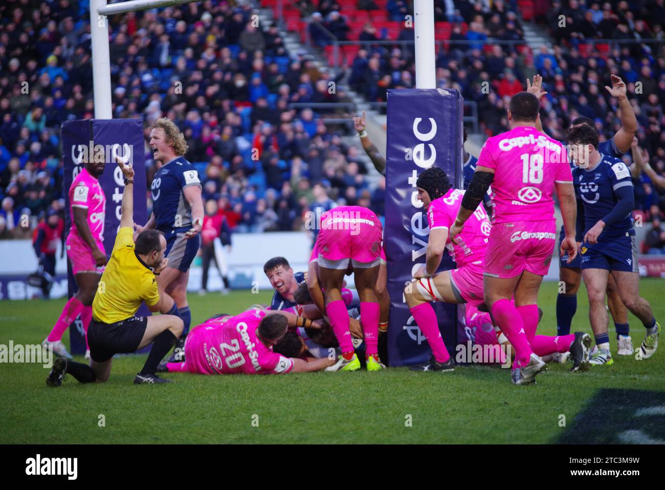 Salford, 10 December 2023. Referee Mike Adamson signalling a try for Sale Sharks against Stade Francais Paris in a European Champions Cup, Pool 4 match at the Salford Community Stadium. Credit: Colin Edwards/Alamy Live News. Stock Photo