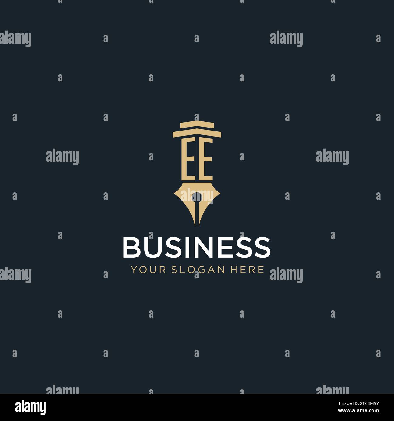 EE monogram initial logo with fountain pen and pillar style design ideas Stock Vector