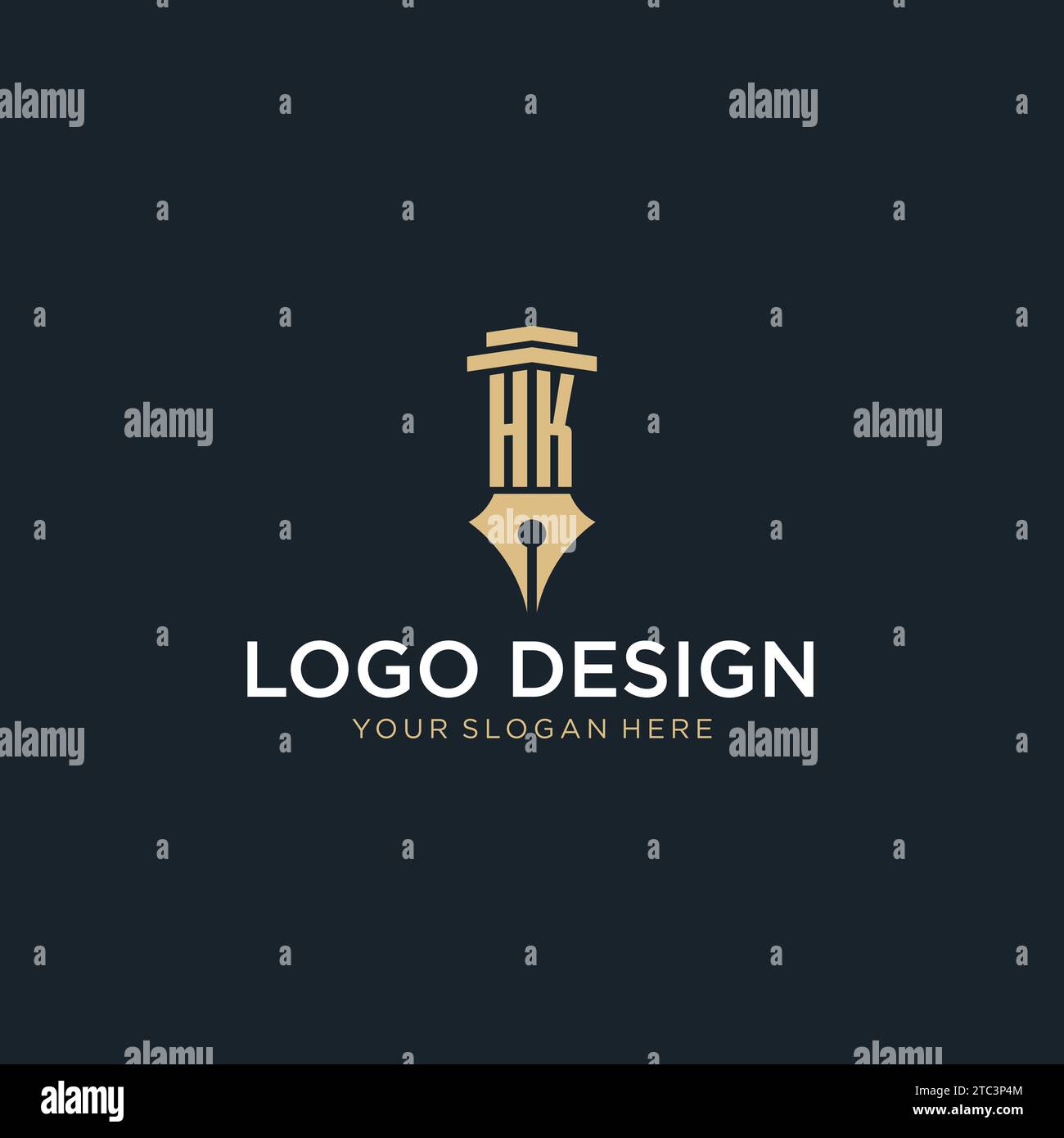 HK monogram initial logo with fountain pen and pillar style design ideas Stock Vector