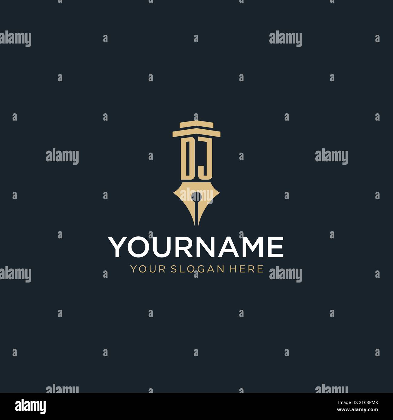DJ monogram initial logo with fountain pen and pillar style design ideas Stock Vector