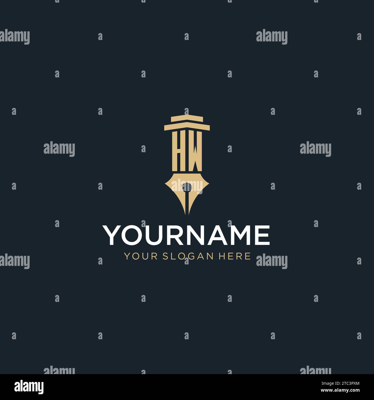 HW monogram initial logo with fountain pen and pillar style design ideas Stock Vector