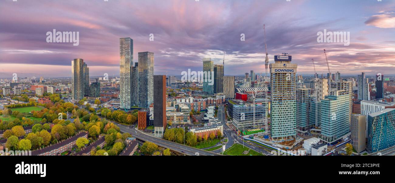 Manchester City centre Aerial sunrise view of Deansgate Square and