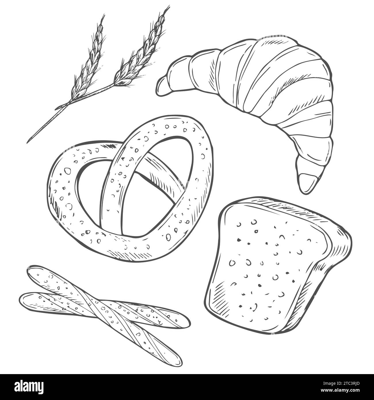 Hand drawn bakery. Doodle bread sketch, wheat flour types of bread ...