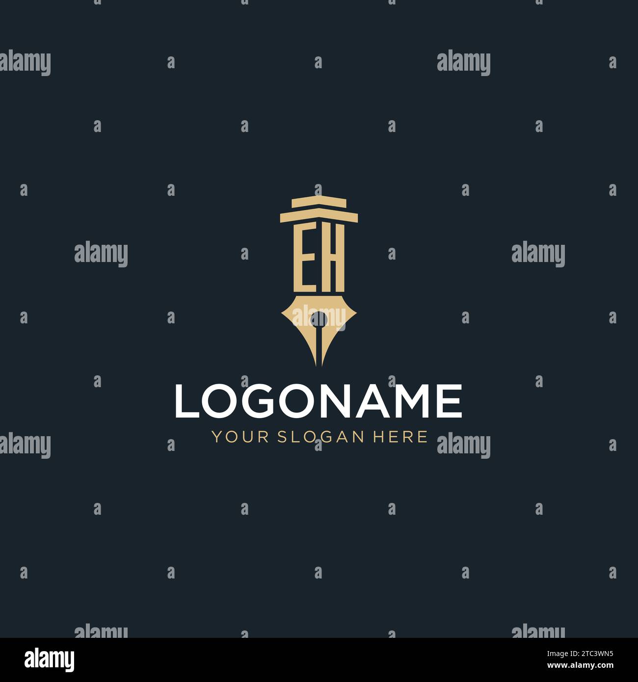 EH monogram initial logo with fountain pen and pillar style design ideas Stock Vector