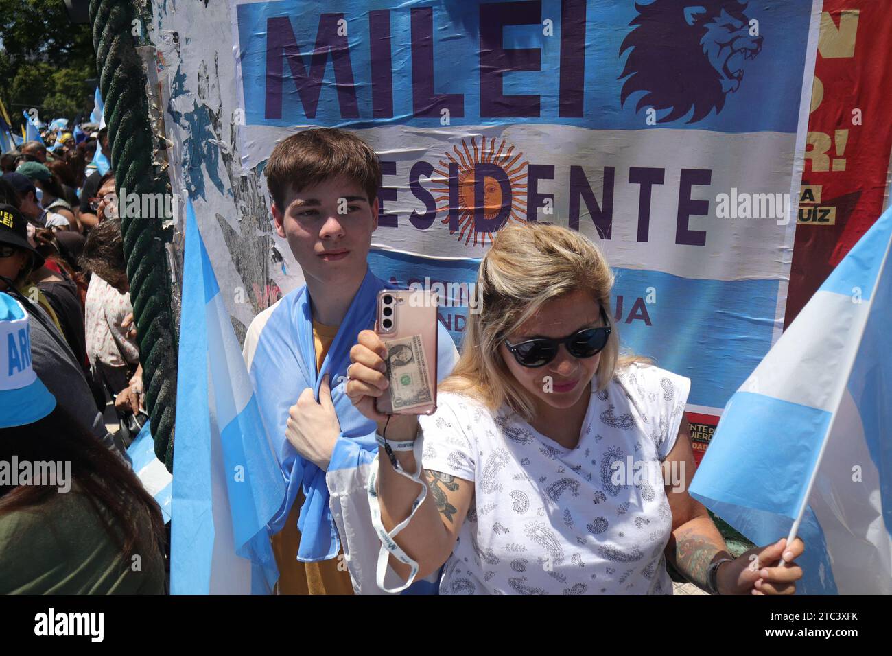 Buenos Aires, Argentina. 10th Dec, 2023. Supporters of Javier Milei during the swearing-in and presidential inauguration at National Congress ( Credit: Néstor J. Beremblum/Alamy Live News Stock Photo