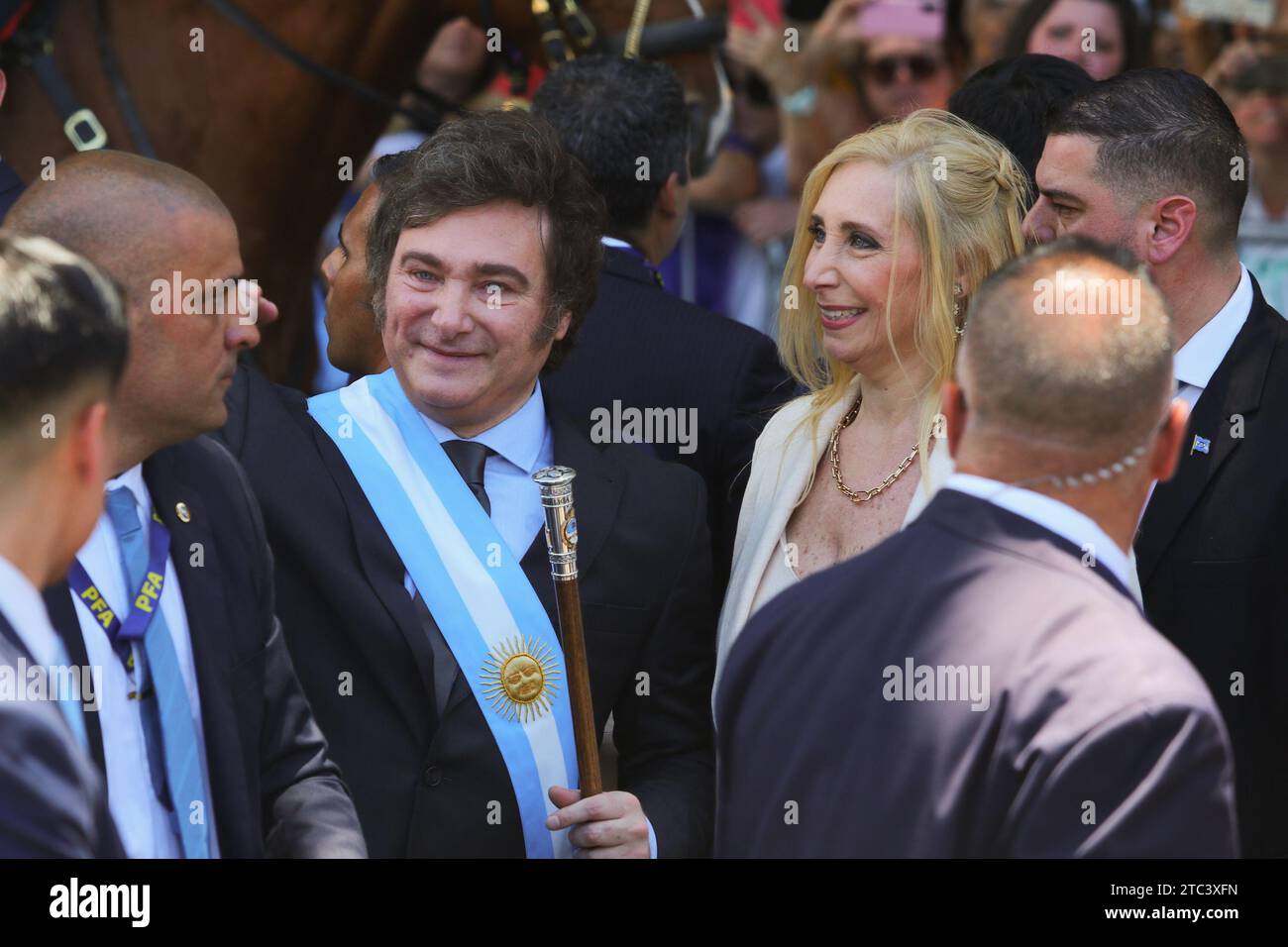 Buenos Aires, Argentina. 10th Dec, 2023. Javier Milei walks greeting his supporters on his way to the Casa Rosada after leaving the National Congress. ( Credit: Néstor J. Beremblum/Alamy Live News Stock Photo