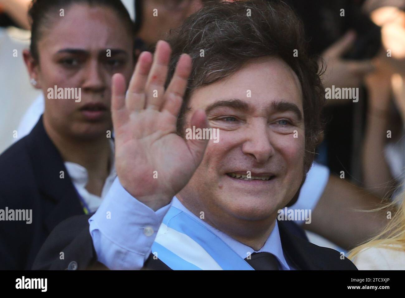 Buenos Aires, Argentina. 10th Dec, 2023. Javier Milei walks greeting his supporters on his way to the Casa Rosada after leaving the National Congress. ( Credit: Néstor J. Beremblum/Alamy Live News Stock Photo