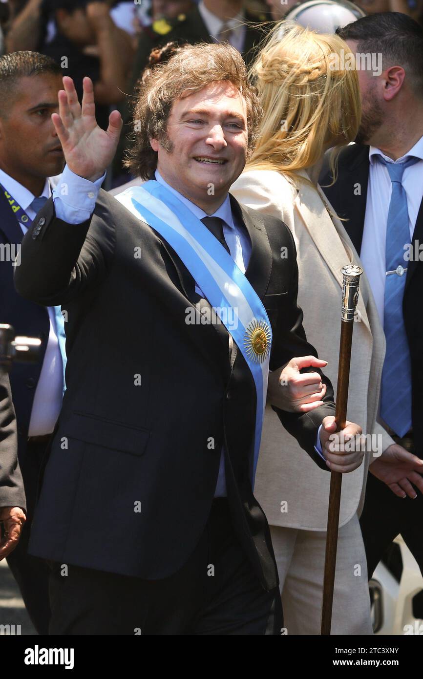 Buenos Aires, Argentina. 10th Dec, 2023. Javier Milei walks greeting his supporters on his way to the Casa Rosada after leaving the National Congress. ( Credit: Néstor J. Beremblum/Alamy Live News Stock Photo