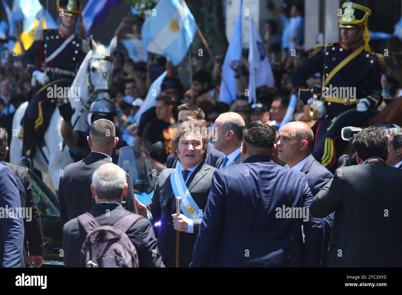 Buenos Aires, Argentina. 10th Dec, 2023. Javier Milei walks greeting his supporters on his way to the Casa Rosada after leaving the National Congress. ( Credit: Néstor J. Beremblum/Alamy Live News Stock Photo