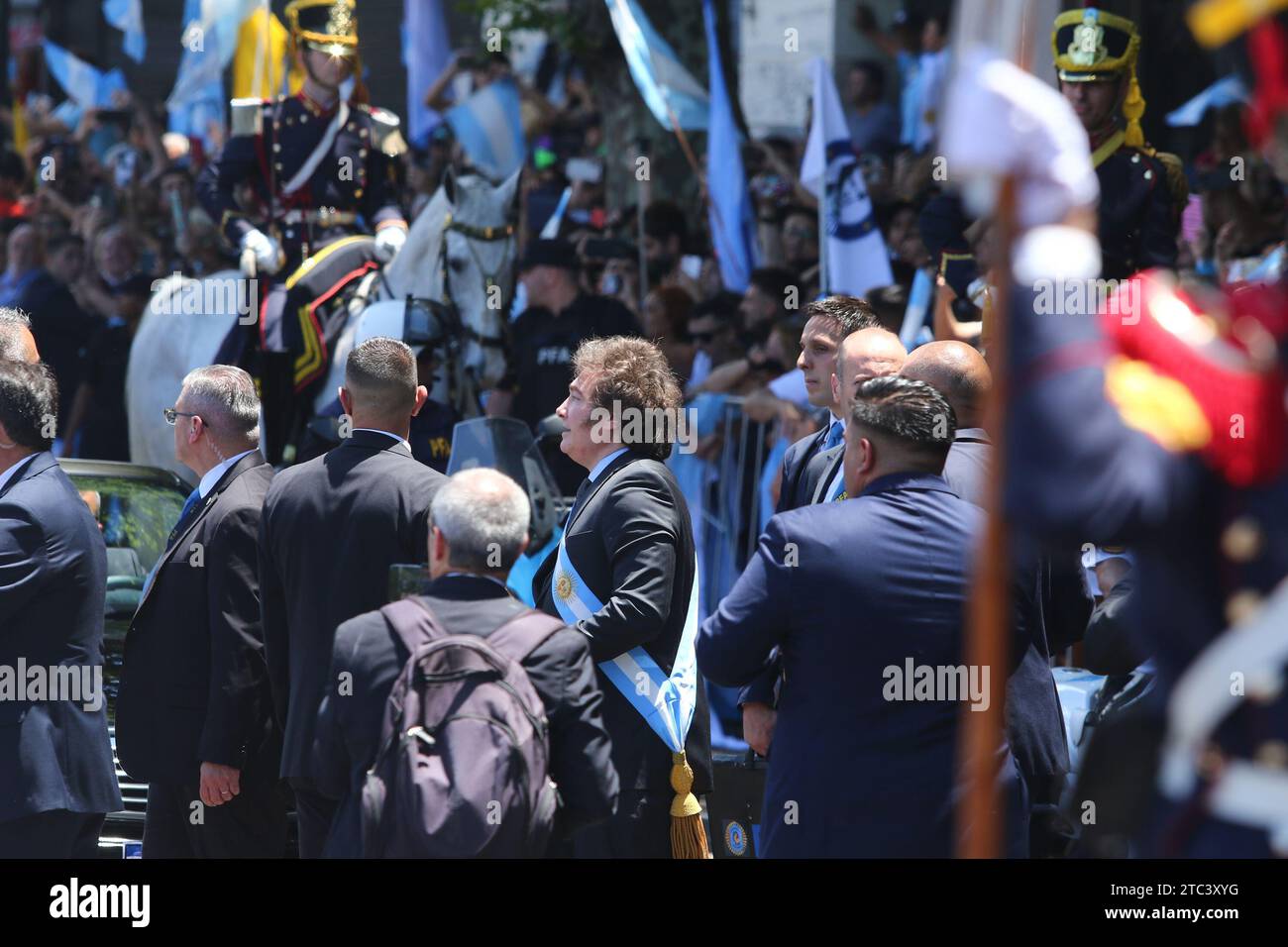 Buenos Aires, Argentina. 10th Dec, 2023. Javier Milei walks greeting his supporters on his way to the Casa Rosada after leaving the National Congress. ( Credit: Néstor J. Beremblum/Alamy Live News Stock Photo