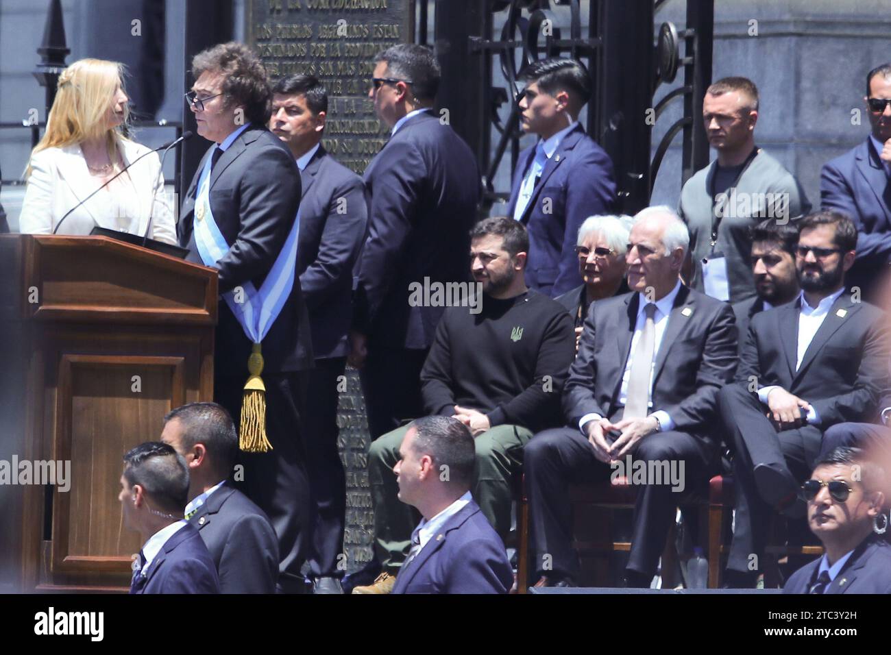 Buenos Aires, Argentina. 10th Dec, 2023. Javier Milei reads his speech on the steps of the National Congress in front of other leaders such as Volodomir Zelensky, Gabriel Boric and others. ( Credit: Néstor J. Beremblum/Alamy Live News Stock Photo