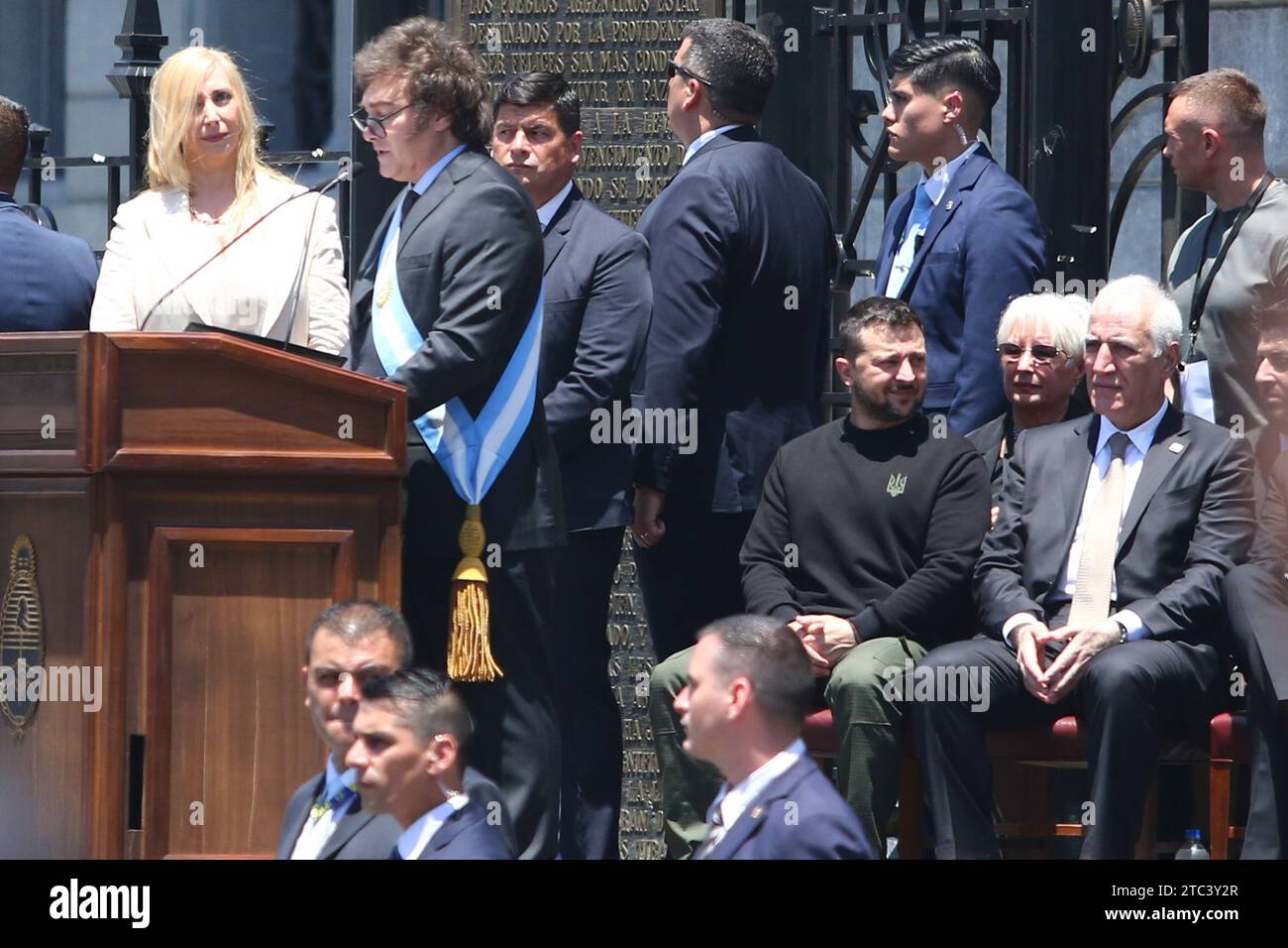 Buenos Aires, Argentina. 10th Dec, 2023. Javier Milei reads his speech on the steps of the National Congress in front of other leaders such as Volodomir Zelensky, Gabriel Boric and others. ( Credit: Néstor J. Beremblum/Alamy Live News Stock Photo