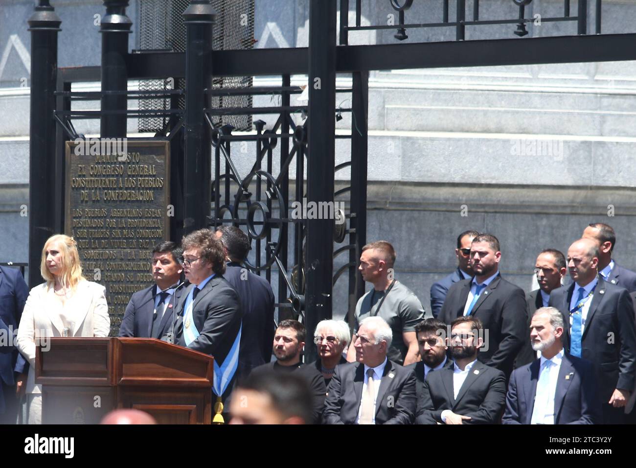 Buenos Aires, Argentina. 10th Dec, 2023. Javier Milei reads his speech on the steps of the National Congress in front of other leaders such as Volodomir Zelensky, Gabriel Boric and others. ( Credit: Néstor J. Beremblum/Alamy Live News Stock Photo