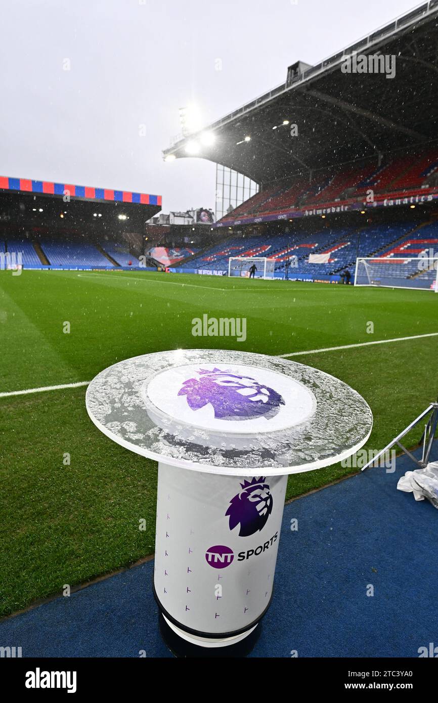 LONDON, ENGLAND - DECEMBER 9: a general view of the stadium with TNT sports and Premier league logo on tv table during the Premier League match betwee Stock Photo