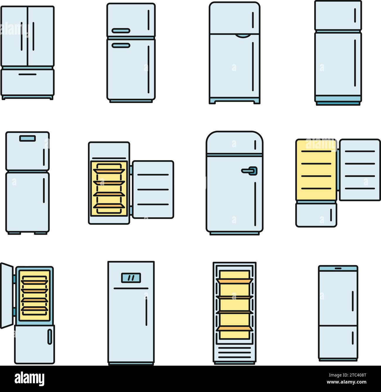 Modern fridge icons set. Outline set of modern fridge vector icons thin line color flat on white Stock Vector