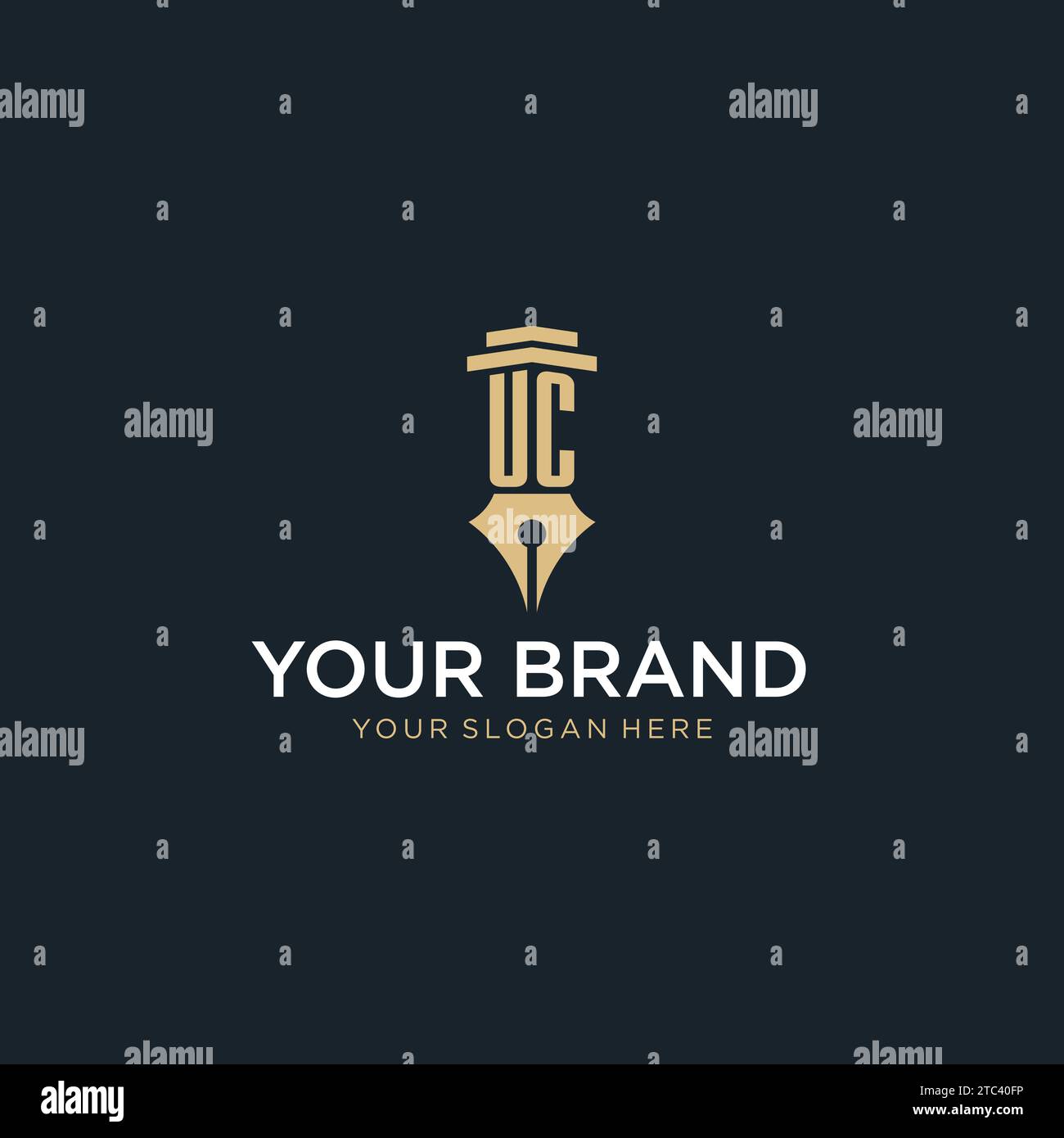 UC monogram initial logo with fountain pen and pillar style design ideas Stock Vector