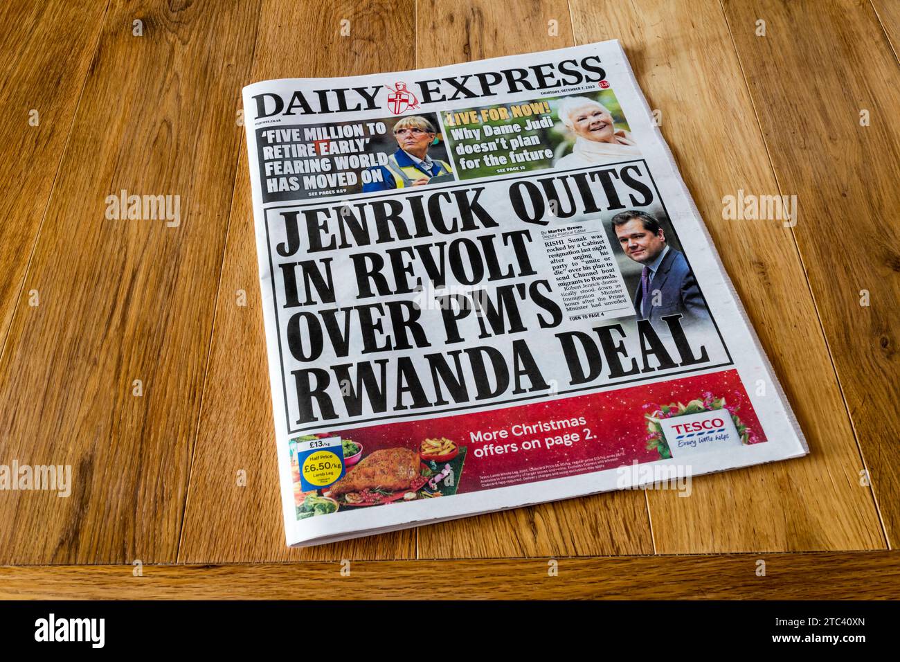 7 December 2023. Daily Express front page headline reads Jenrick quits in revolt over PM's Rwanda deal. Stock Photo