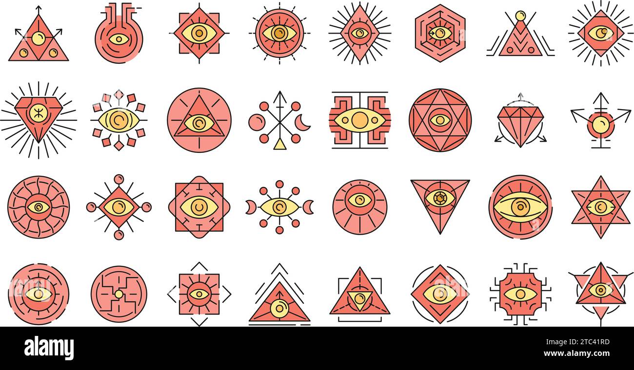 Alchemy icons set. Outline set of alchemy vector icons thin line color ...