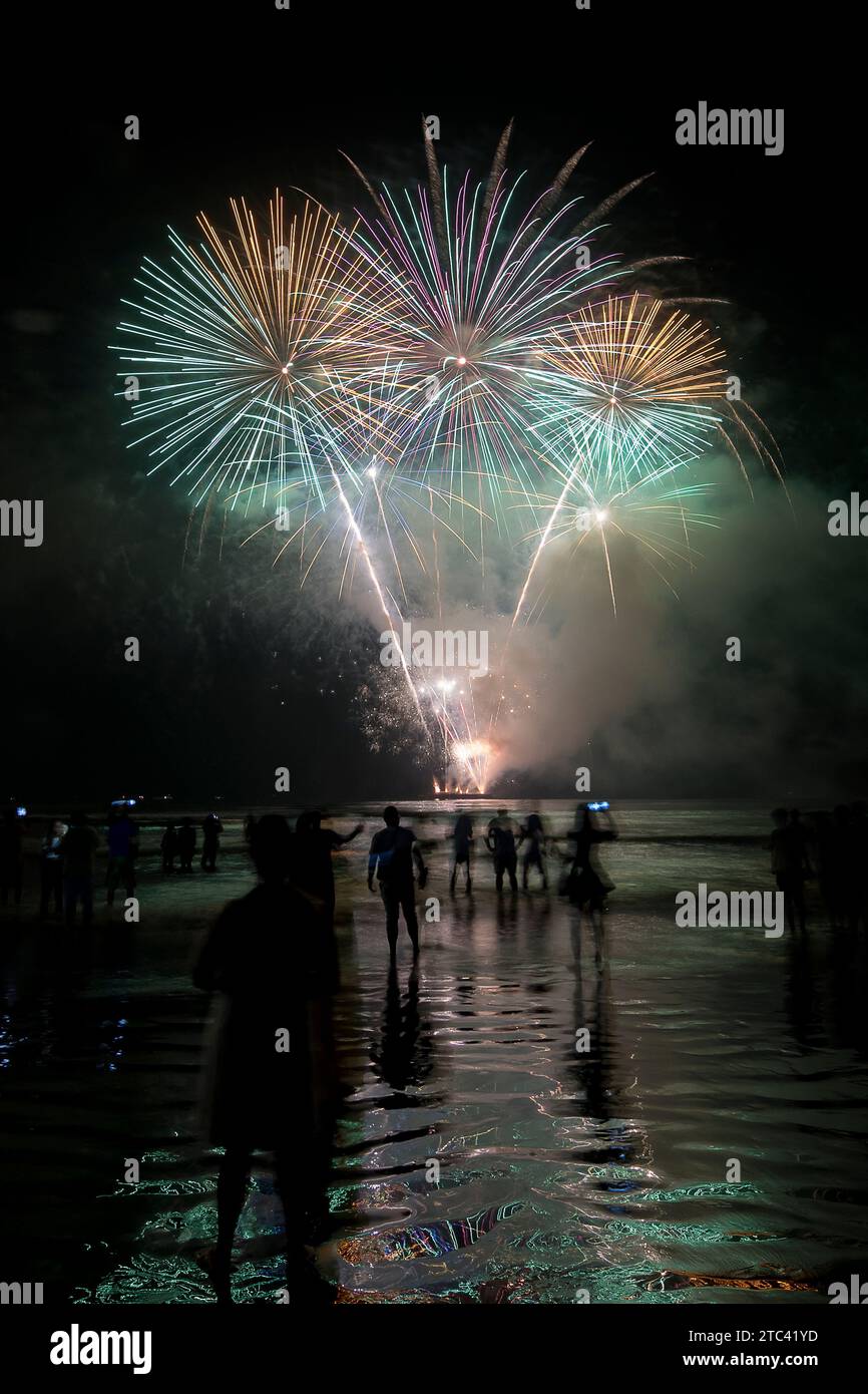 Crowd watching fireworks dark night city with firework pyrotechnic show ...