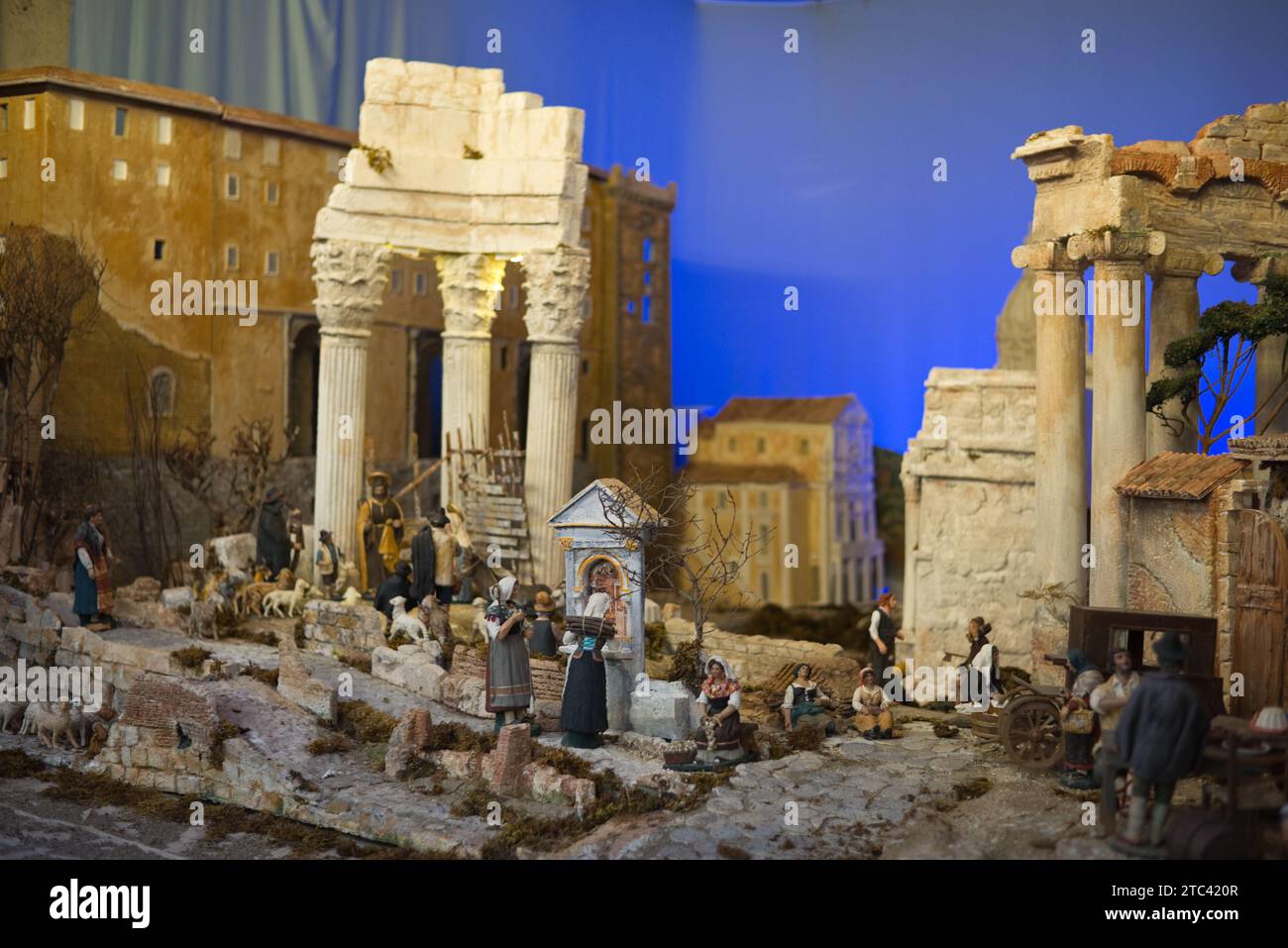 Christ nativity (Italian: presepe or presepio) with Roman Forum ruins, in piazza Navona, Rome, Italy Stock Photo