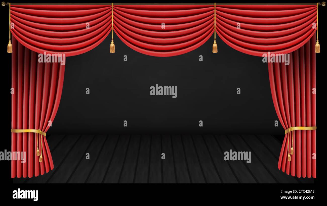 Theater stage with red curtain and wooden floor. Vector illustration. Stock Vector