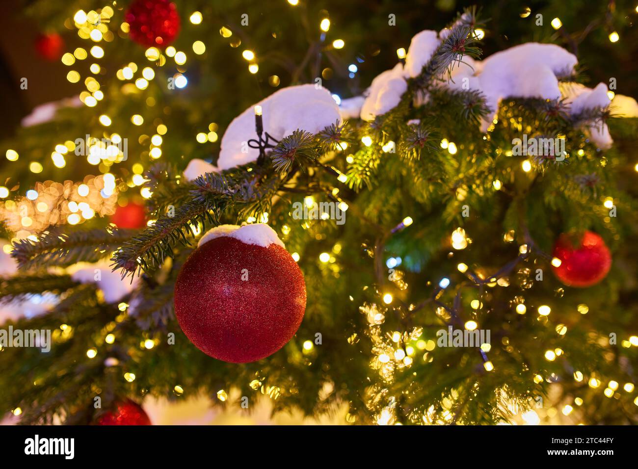 Christmas tree with red balloons on city street at night Stock Photo ...