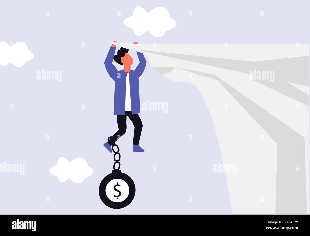 Man hanging in cliff due to huge load or debt illustration showing debt trap Stock Vector