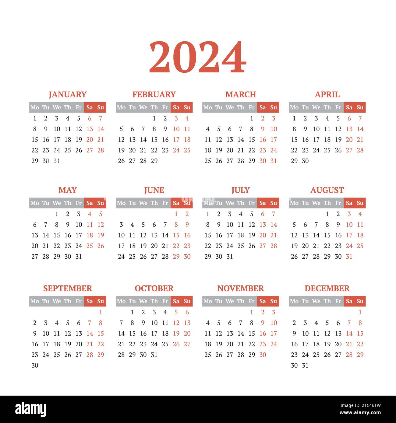 2024 simple vector calendar template. Weeks start on Monday Stock ...