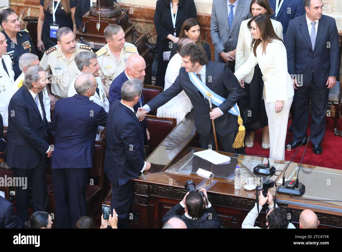 Buenos Aires, Argentina. 10th Dec, 2023. Javier Milei receives the presidential baton and sash from Alberto Fernandez at National Congress ( Credit: Néstor J. Beremblum/Alamy Live News Stock Photo